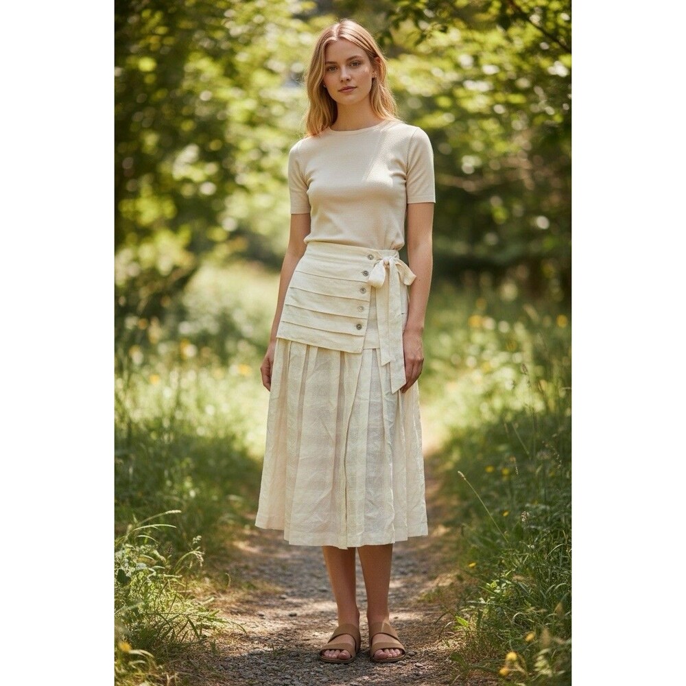 VINTAGE ESCADA Maxi Wrap Skirt Flax Linen Ruffle beige Sz 40 GERMANY RARE READ